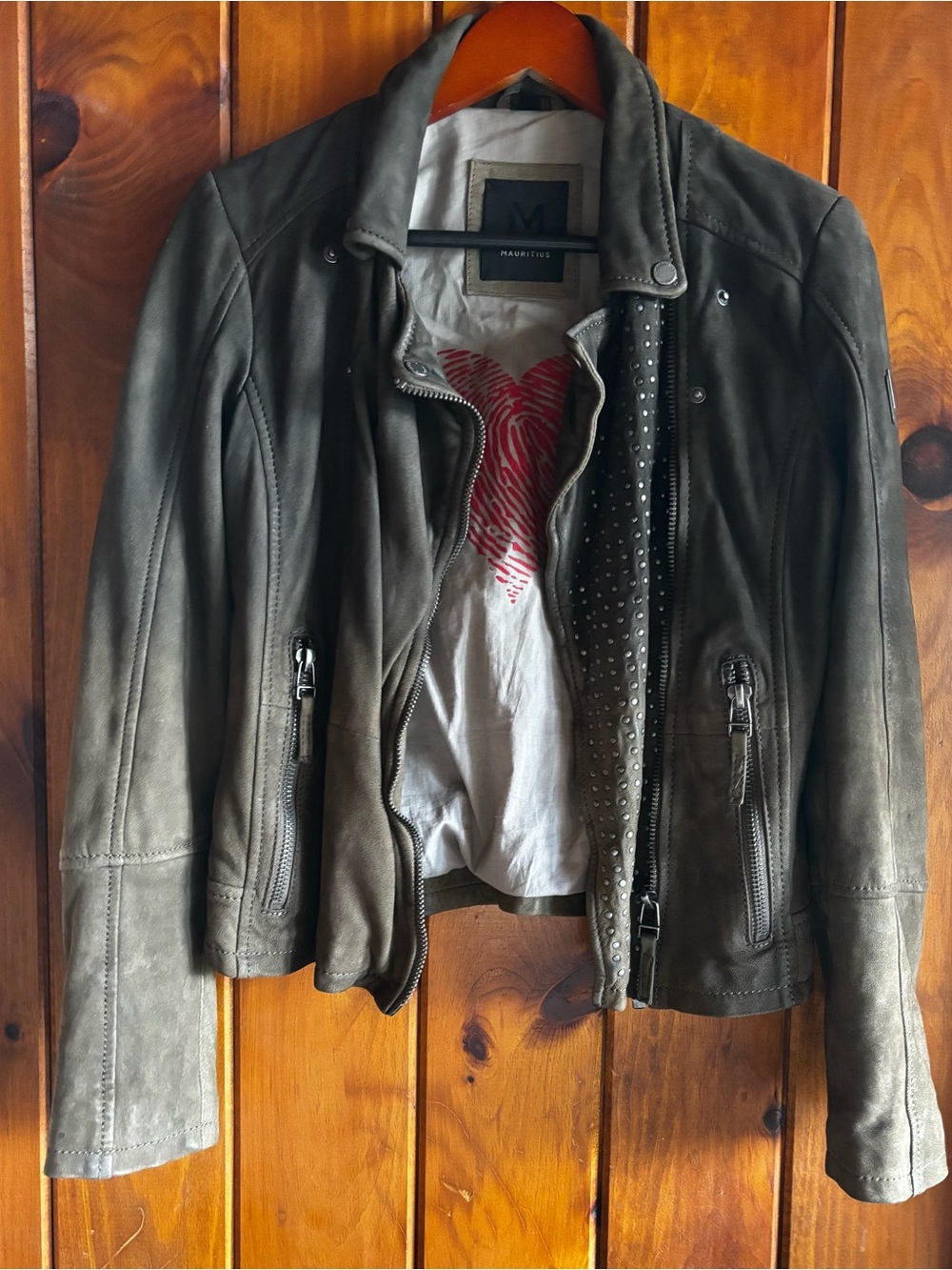 MAURITIUS Brown Studded Leather Moto Jacket